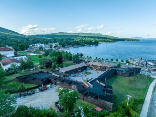 Aerial view of Fort Henry in Lake George on a sunny day